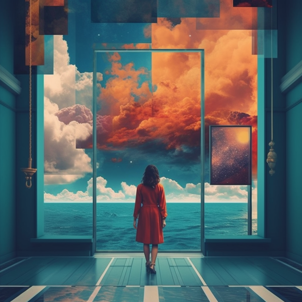 Woman at a Door of glass seeing a different reality.