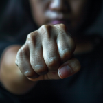 An ai photo of a woman against a black background punching her fist towards the camera.