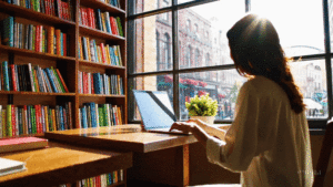 Short clip of a woman typing on a laptop in a bookstore.